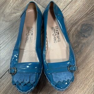 Salvatore Ferragamo Teal Patent Leather Flats